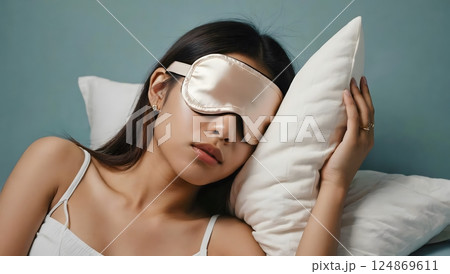 Side profile view young calm woman wears pyjamas jam cover eyes with sleep eye mask rest relax at home lay down on bed isolated on plain pastel purple background studio. Good mood night nap concept 124869611