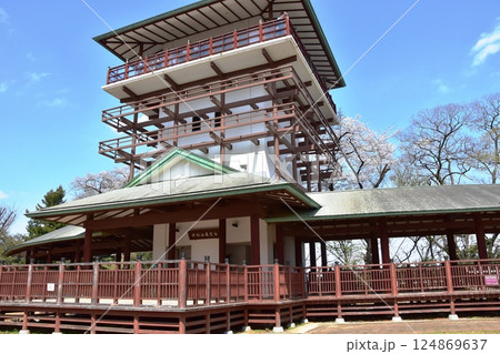 川崎市　生田緑地枡形山展望台と新緑と満開桜 124869637