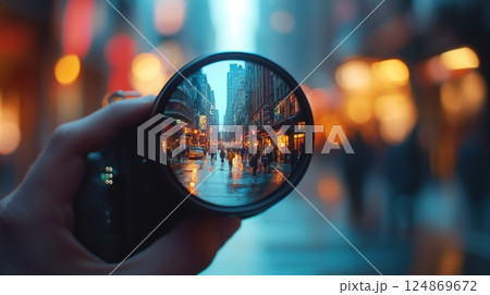 City street view through camera lens. 124869672