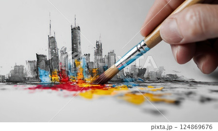 Hand paints vibrant city skyline. 124869676
