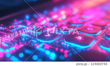 Close-up of glowing neon pink and blue keyboard keys. 124869748