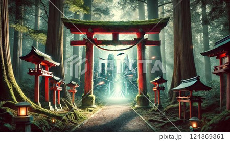 古びた神社の鳥居の中に、未来の都市 124869861