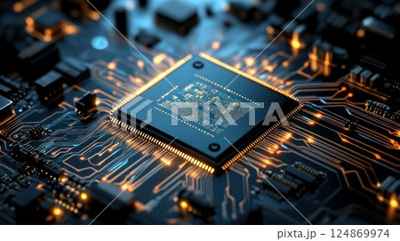 Close-up of a CPU on a circuit board. Close-up of a CPU on a circuit board. 124869974
