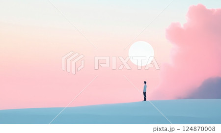 Solitary figure silhouetted against a pastel sunset. 124870008