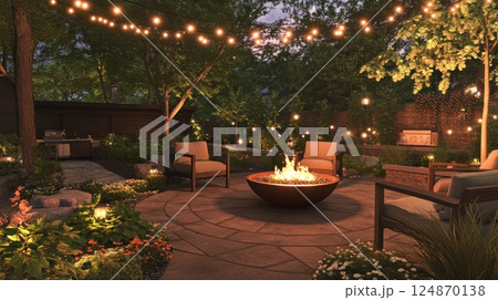 Evening backyard patio with fire pit, string lights, and comfortable seating. 124870138