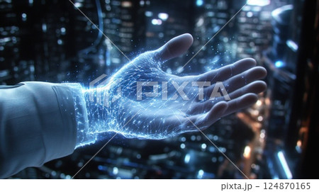 Glowing hand with digital particles, futuristic technology. 124870165