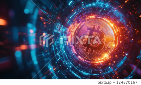 Glowing Bitcoin in futuristic digital tunnel. 124870167