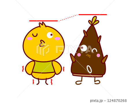 たけのこと背比べをするひよこ 124870268