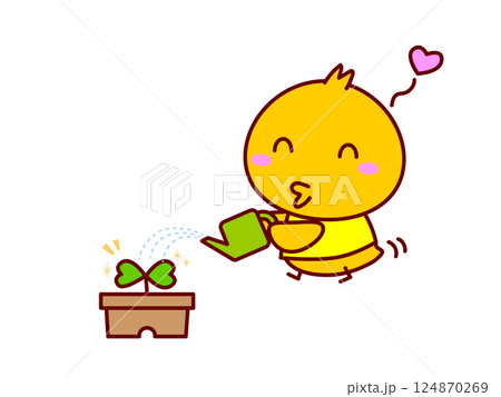 植木鉢に水やりをするひよこ 124870269