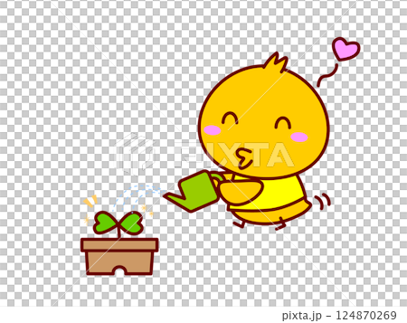 植木鉢に水やりをするひよこ 124870269