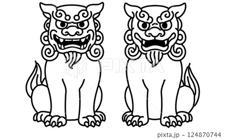 沖縄の伝統的な魔除けの置物「シーサー」の対になる2体セット線画イラスト 沖縄の伝統的な魔除けの置物「シーサー」の対になる2体セット線画イラスト 124870744