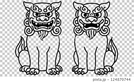 A pair of line drawings of the traditional Okinawan talisman "Shisa" A pair of line drawings of the traditional Okinawan talisman "Shisa" 124870744