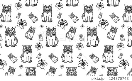 シーサーとハイビスカスのシンプルな線画パターン背景 シーサーとハイビスカスのシンプルな線画パターン背景 124870748