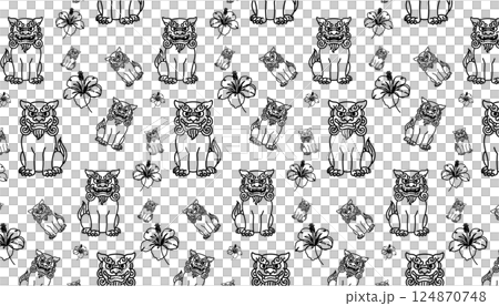 シーサーとハイビスカスのシンプルな線画パターン背景 シーサーとハイビスカスのシンプルな線画パターン背景 124870748