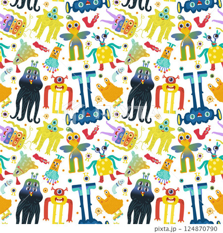Seamless pattern with funny colorful aliens on a white background. 124870790