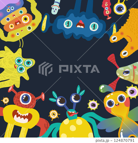 Happy Birthday concept monster alien party vector template card. Flat vector design for comic, education, kids. 124870791