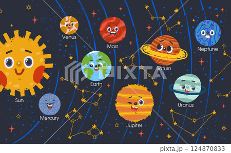 Poster with cute planets of solar system with planets for kids education. Astronomy learning poster for children. 124870833