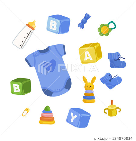 Vector illustration of baby accessories and toys. Hand drawn nursery set for boy. Things for newborn. Vector illustration of baby accessories and toys. Hand drawn nursery set for boy. Things for newborn. 124870834