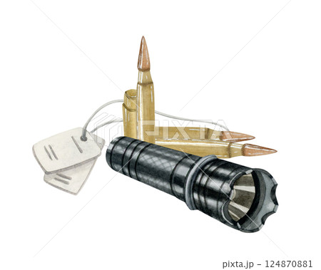 Tactical military flashlight and bullets for rifles and personal soldier number badges watercolor isolated illustration. Army equipment and accessories hand drawn clip art 124870881