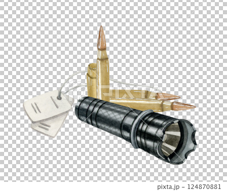 Tactical military flashlight and bullets for rifles and personal soldier number badges watercolor isolated illustration. Army equipment and accessories hand drawn clip art 124870881