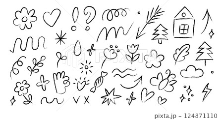 Creative Cacharol doodle featuring various whimsical shapes and designs in black ink 124871110