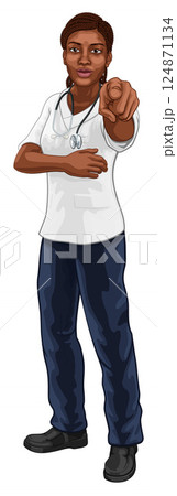 Black Woman Medical Doctor Nurse Pointing Black Woman Medical Doctor Nurse Pointing 124871134