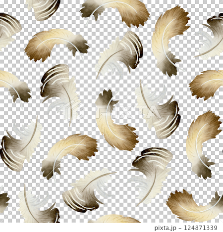 Brown grey chicken feathers watercolor seamless pattern on white. Farm birds plumage repeat background in simple hand drawn style for monochrome village and Easter designs Brown grey chicken feathers watercolor seamless pattern on white. Farm birds plumage repeat background in simple hand drawn style for monochrome village and Easter designs 124871339