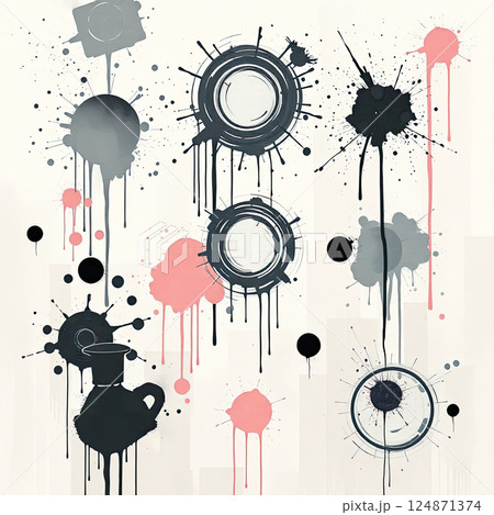 Grungy background. Chaotic design with layered ink drops and dramatic splashes. 124871374
