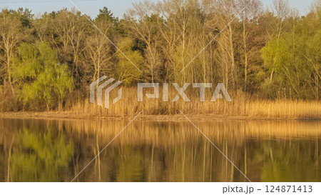 Large pond surrounded by trees and plants. Camping. Spring landscape. Large pond surrounded by trees and plants. Camping. Spring landscape. 124871413