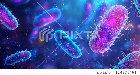Microscopic view of bacteria and particles in a glowing liquid environment 124871461