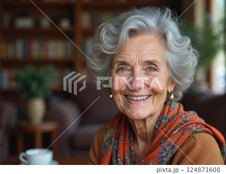 elderly woman with silver hair styled in soft curls, wearing a vibrant scarf and a warm smile 124871608