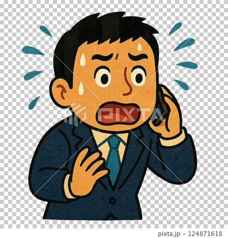 A businessman in a suit who is in a hurry to respond, is upset after receiving a call about a problem, and is surprised by an emergency on the phone A businessman in a suit who is in a hurry to respond, is upset after receiving a call about a problem, and is surprised by an emergency on the phone 124871618