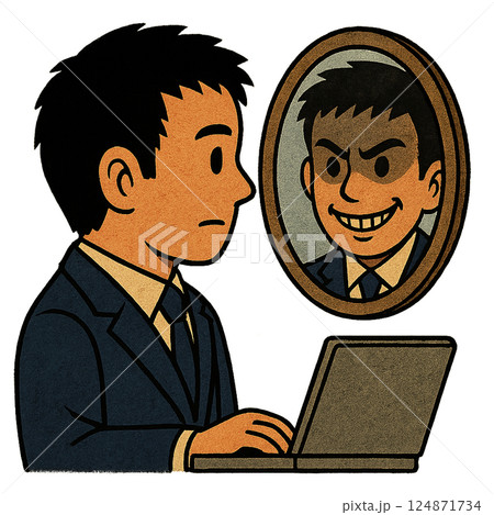 本音が鏡に映る男のイラスト【表と裏・内心と建前】 本音が鏡に映る男のイラスト【表と裏・内心と建前】 124871734