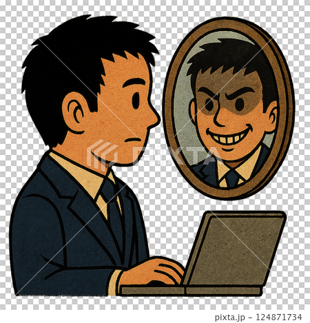本音が鏡に映る男のイラスト【表と裏・内心と建前】 本音が鏡に映る男のイラスト【表と裏・内心と建前】 124871734