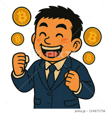 ビットコインの高騰に喜ぶ、仮想通貨で儲かって笑顔になる、暗号資産でガッツポーズをするビジネスマン ビットコインの高騰に喜ぶ、仮想通貨で儲かって笑顔になる、暗号資産でガッツポーズをするビジネスマン 124871736
