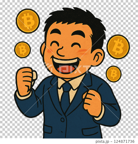 ビットコインの高騰に喜ぶ、仮想通貨で儲かって笑顔になる、暗号資産でガッツポーズをするビジネスマン ビットコインの高騰に喜ぶ、仮想通貨で儲かって笑顔になる、暗号資産でガッツポーズをするビジネスマン 124871736