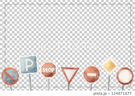 Frame watercolor illustration road signs, stop signs, parking designation, passage. Template in children's style isolated on background for invitation design, holiday, driving lessons car, postcard 124871877
