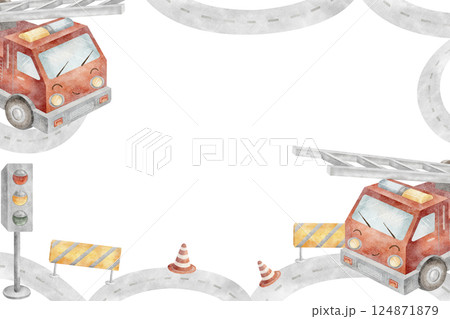 Watercolor frame fire engines, traffic lights, road, sign. Children's illustration of the car. Rectangular template in vintage style for design of invitations baby birthday, boy's holiday, postcards 124871879