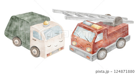Watercolor illustration city cars, fire engine, garbage truck Isolate transport hand-drawn in a children's style with eyes, smile on a white background for the design postcards, stickers, posters 124871880