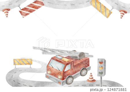 Frame fire engine, traffic light, highway, signs. Watercolor illustration of a car. Rectangular template in retro style on background for design of postcards, posters, professions, birthday, holiday Frame fire engine, traffic light, highway, signs. Watercolor illustration of a car. Rectangular template in retro style on background for design of postcards, posters, professions, birthday, holiday 124871881