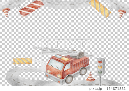 Frame fire engine, traffic light, highway, signs. Watercolor illustration of a car. Rectangular template in retro style on background for design of postcards, posters, professions, birthday, holiday Frame fire engine, traffic light, highway, signs. Watercolor illustration of a car. Rectangular template in retro style on background for design of postcards, posters, professions, birthday, holiday 124871881