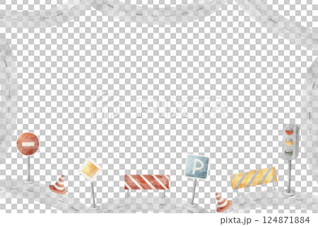 Watercolor frame road signs, traffic lights, road, pointers, warnings. Children's illustration car signal. Cartoon style template for invitation design baby birthday, boy's holiday, driving lessons 124871884