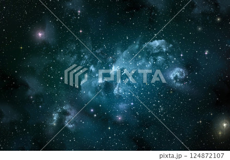 Galaxy in the blue clouds floating above the black background atmosphere	 124872107