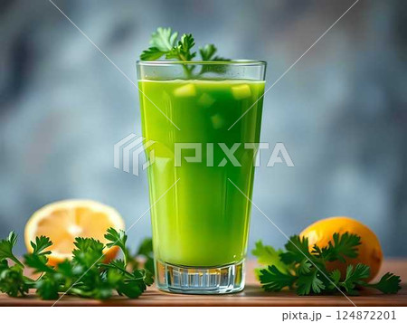 A vibrant green celery juice in a clear glass, garnished with fresh celery stalks, exuding health, freshness, and natural vitality A vibrant green celery juice in a clear glass, garnished with fresh celery stalks, exuding health, freshness, and natural vitality 124872201