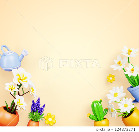 3d flowerpots frame - summer border with houseplants in pots and watering can on light yellow background. Flower store ad flyer with green plants for home garden decor, Cartoon render. 3D illustration 3d flowerpots frame - summer border with houseplants in pots and watering can on light yellow background. Flower store ad flyer with green plants for home garden decor, Cartoon render. 3D illustration 124872271