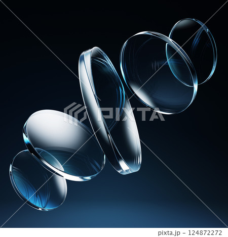 3d crystal glass disks on dark blue background. Transparent circle plates, flying discs with flare and prism light refraction on abstract black neon bg. Render round geometric shapes. 3D illustration 124872272