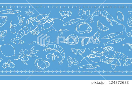 Horizontal vector pattern of seafood shrimps, oysters, lobster, lemons and olives. Mediterranean Dolce Vita style vintage illustrations for food, suitable for restaurant and marine cafe menu. 124872688