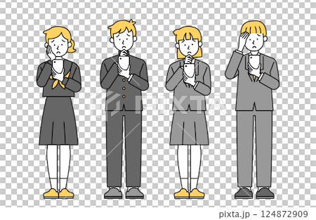 Vector illustration set of a student having trouble with a smartphone. Student, school uniform, sailor suit, blazer, question, student discount, trouble Vector illustration set of a student having trouble with a smartphone. Student, school uniform, sailor suit, blazer, question, student discount, trouble 124872909