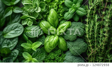 Green banner with different green organic herbs. 124872938