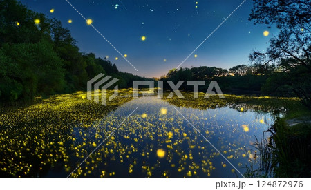 満天の星空の夜に川辺を飛ぶ無数のホタルの光の3Dイラスト 124872976